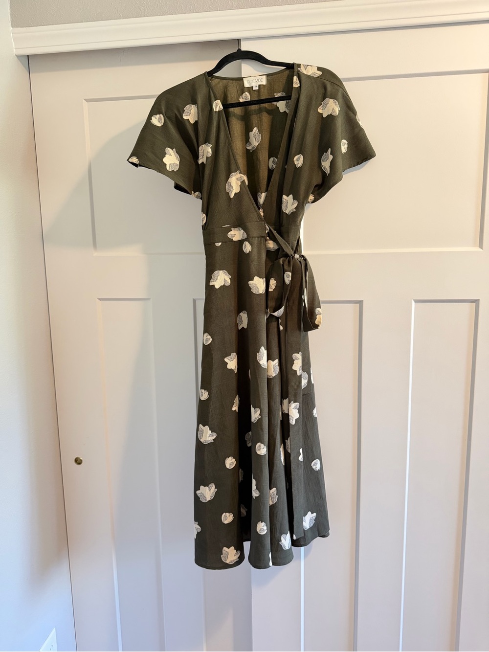 Olive Green Floral Wrap Midi Dress with Side Tie